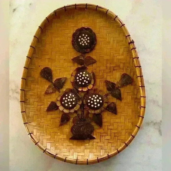 Vintage Wicker Wall Decor Hand Carved Coconut Shell Floral - Picture 1 of 4